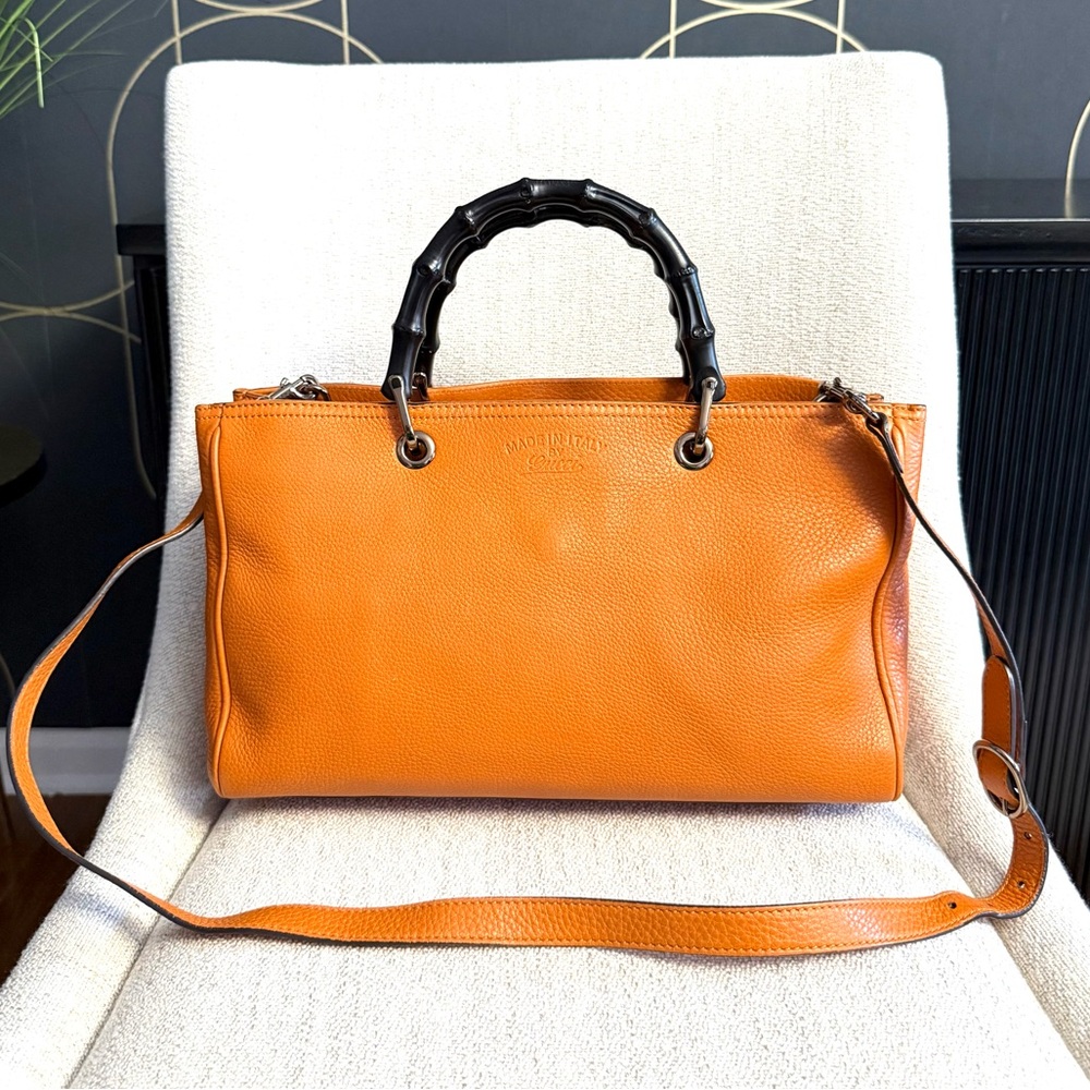 Gucci authentic satchel bag orange leather black bamboo handles with a strap - Picture 2 of 16